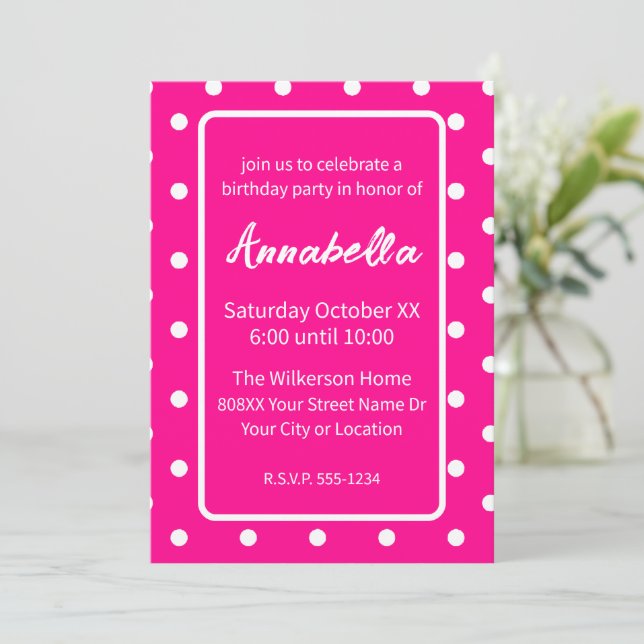 Invitation Hot Neon rose et blanc Pois fête d'anniversaire (Debout devant)