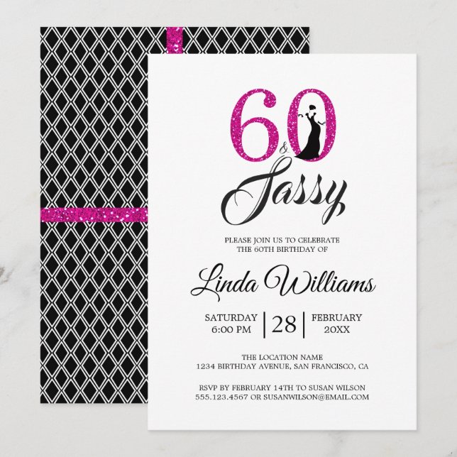 Invitation Hot Pink 60 et Sassy | 60e fête d'anniversaire (Devant / Derrière)