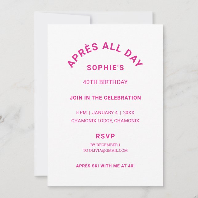 Invitation Hot Pink Après toute la journée 40e Anniversaire T (Devant)