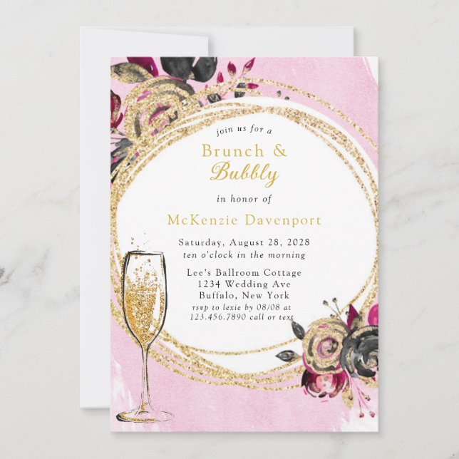 Invitation Hot Pink Black Peony Gold Brunch & Bubbly (Devant)
