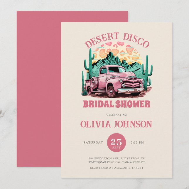 Invitation Hot Pink Desert Disco Fête des mariées (Devant / Derrière)