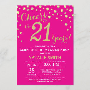 Invitation Hot Pink et Gold Surprise 21e Anniversaire Diamond