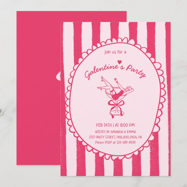 Invitation Hot Pink Hand Drawn Galentine's Day Party (Devant / Derrière)