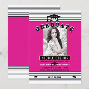 Invitation Hot Pink Silver Élégante fête de graduation photo