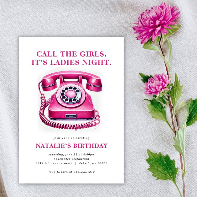 Invitation Hot Pink téléphone Appelez les filles Anniversaire (Get the girls together with our Hot Pink Rotary Phone Birthday Invitation! Perfect for ladies' night)
