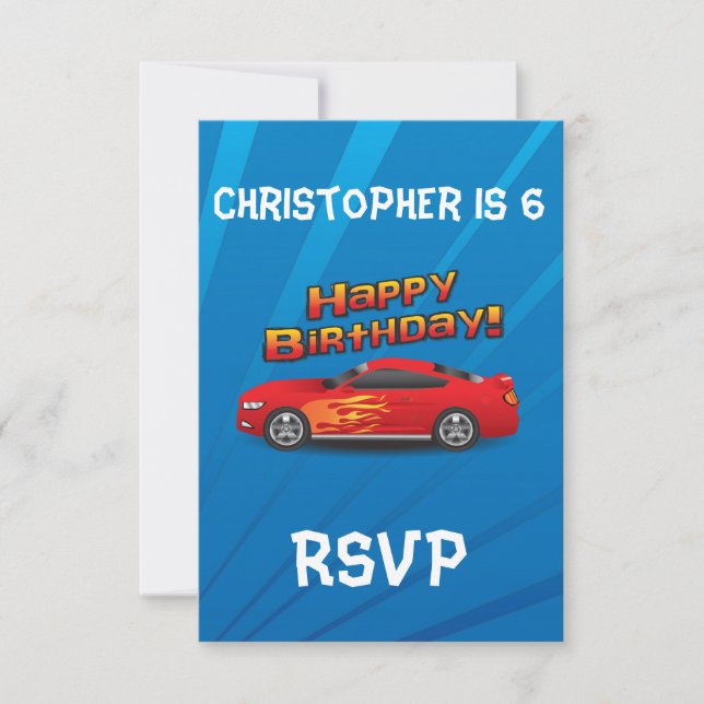 Invitation Hot Red Race Car avec Flames Boy's Birthday Party (Devant)