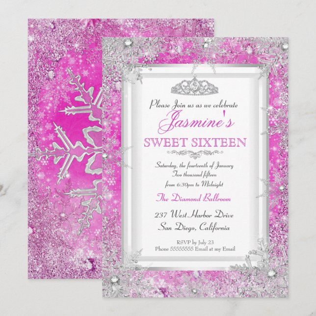 Invitation Hot rose argent hiver Wonderland Sweet 16 (Devant / Derrière)