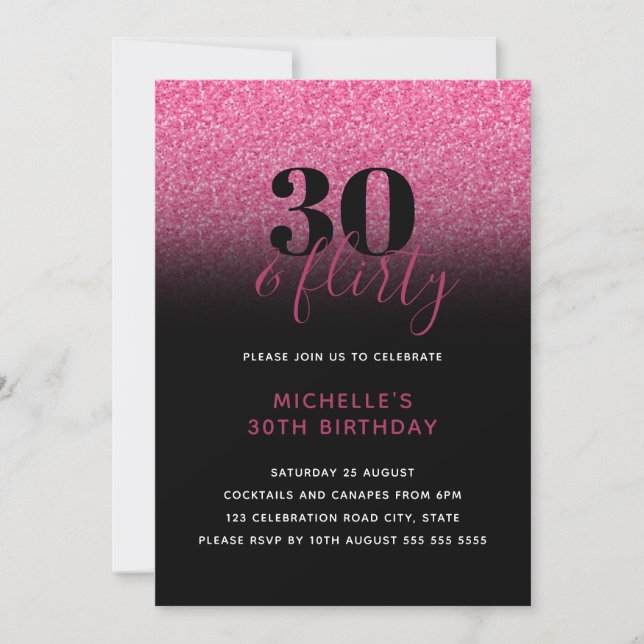 Invitation Hot Rose & Black Faux Parties scintillant 30 & Fli (Devant)