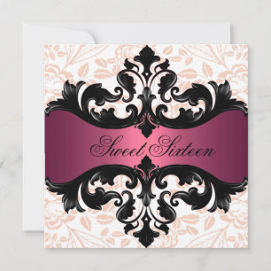 Invitation Hot rose & Black Floral Damask Anniversaire Invita