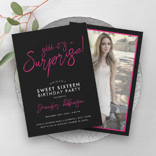 Invitation Hot rose Black Girly Photo Surprise Sweet 16