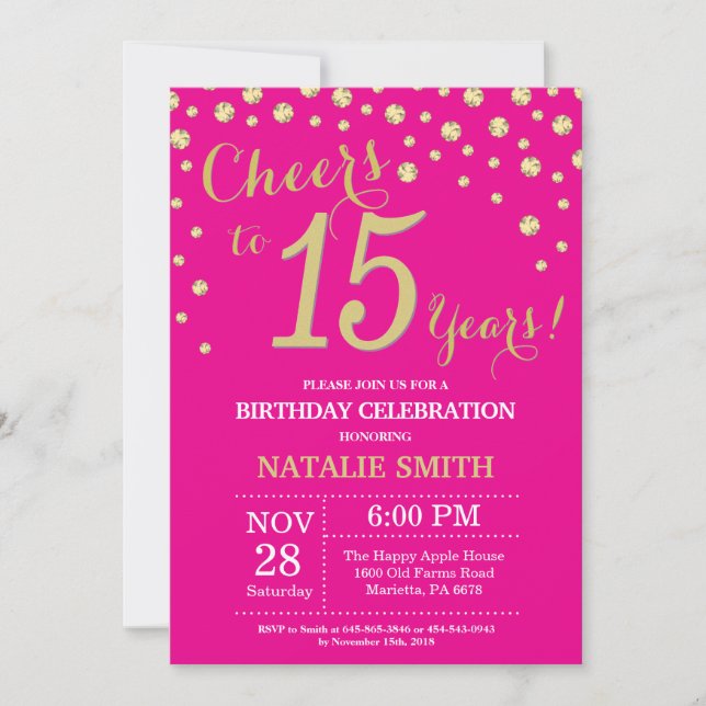 Invitation Hot rose et or 15e Anniversaire Diamond (Devant)