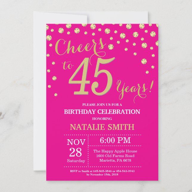 Invitation Hot rose et or 45e Anniversaire Diamond (Devant)