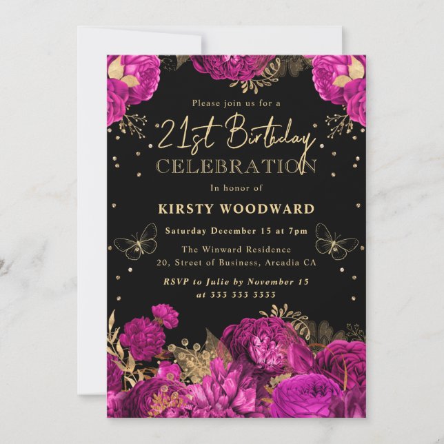 Invitation Hot rose et or Roses Floral 21e anniversaire (Devant)