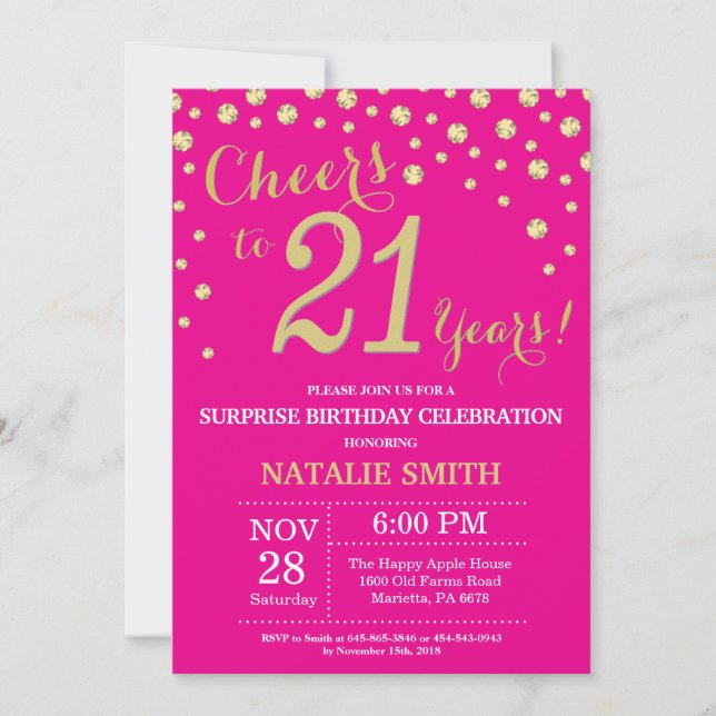 Invitation Hot rose et or Surprise 21e Anniversaire Diamond (Devant)