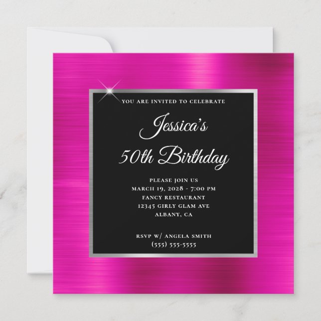 Invitation Hot rose et Silver Foil Black 50e anniversaire (Devant)