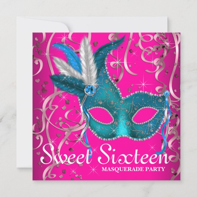 Invitation Hot rose et Turquoise Blue Sweet sixteen Party (Devant)