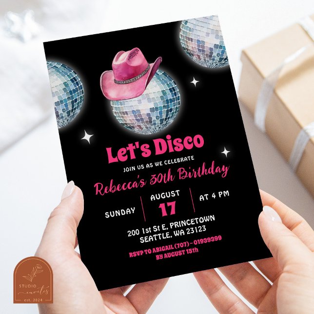 Invitation Hot rose Faisons la fête Discoball Cowgirl Anniver (Créateur téléchargé)
