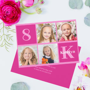 Invitation Hot rose Fille Anniversaire Photo Collage Chic Par
