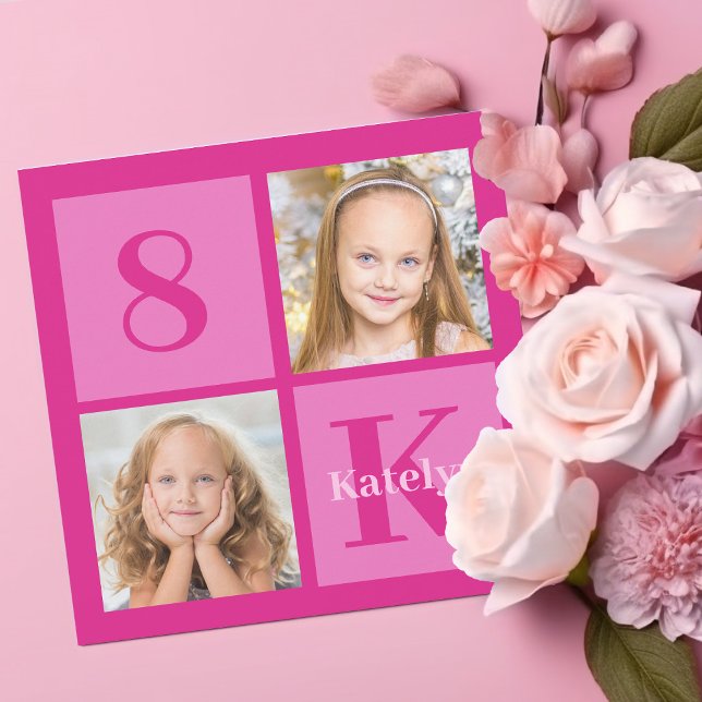 Invitation Hot Rose Girl Photo Collage Chic Anniversaire (Créateur téléchargé)