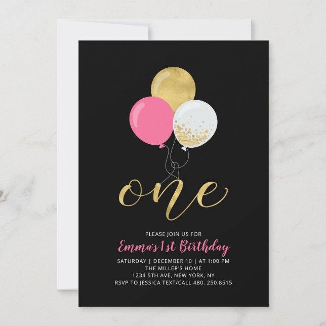 Invitation Hot rose & Gold Balloons 1ère Fille fête d'anniver (Devant)