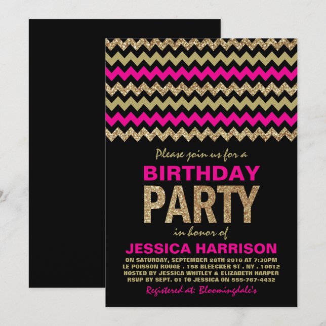 Invitation Hot rose & Gold Parties scintillant Chevron fête d (Devant / Derrière)