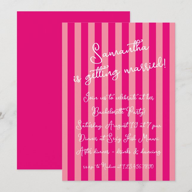 Invitation Hot Rose Gras Gras Stripes Script Bachelorette (Devant / Derrière)