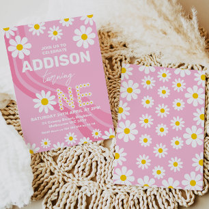 Invitation Hot rose hippy Wave Daisy 1er anniversaire Invitat
