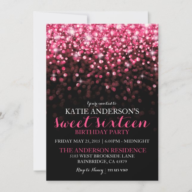 Invitation Hot rose Hollywood Parties scintillant Sweet sixte (Devant)