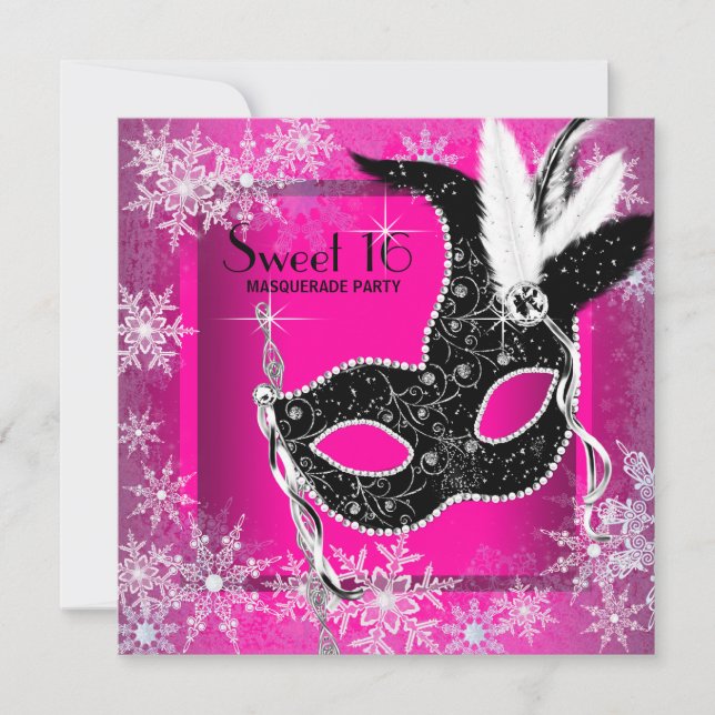 Invitation Hot rose noir flake de neige douce 16 Masquerade P (Devant)
