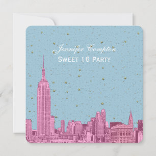 Invitation Hot rose NYC Skyline Etch bleu étoile SQ Sweet 16