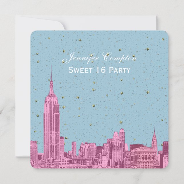 Invitation Hot rose NYC Skyline Etch bleu étoile SQ Sweet 16 (Devant)