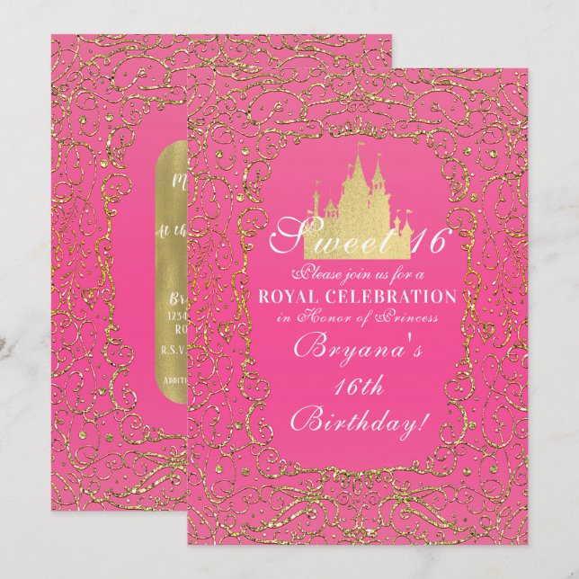 Invitation Hot rose & or Royal Castle Princess Sweet 16 (Devant / Derrière)