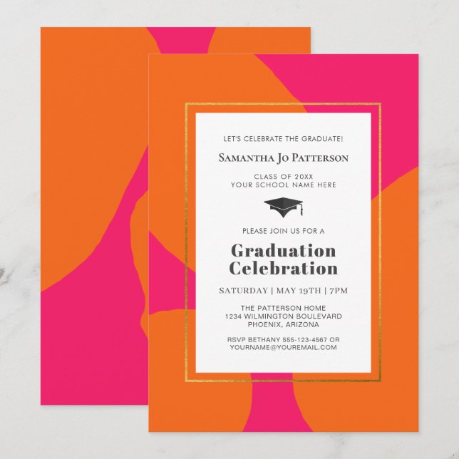 Invitation Hot rose orange tendance fête de graduation (Devant / Derrière)