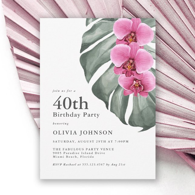 Invitation Hot rose Orchidées Tropical 40th Birthday Party (Créateur téléchargé)