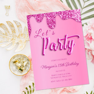 Invitation Hot rose Parties scintillant Fille fête d'annivers