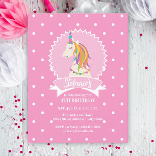 Invitation Hot rose Pois Magique Unicorn fille Anniversaire