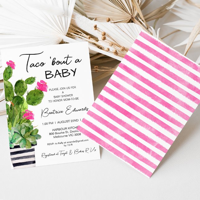 Invitation Hot rose Taco 'Bout a Baby Cactus Baby shower (Hot pink floral cactus taco 'bout a baby baby shower invitation for baby girl's baby shower.)