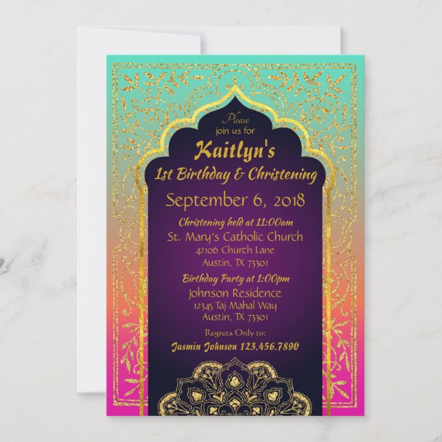 Invitation Hot rose Tangerine Aqua Bollywood nuits arabes (Devant)
