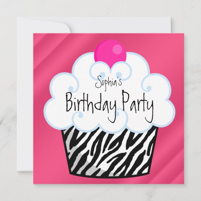 Invitation Hot rose Zebra Girls Cupcake fête d'anniversaire (Devant)