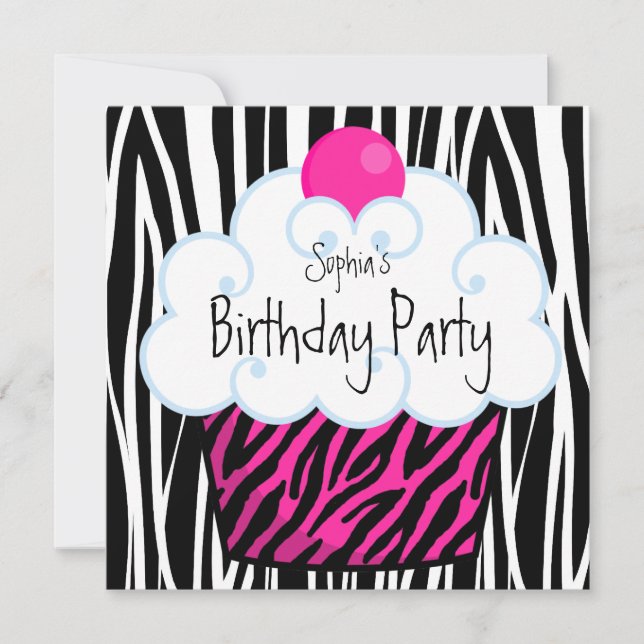 Invitation Hot rose Zebra Girls Cupcake fête d'anniversaire (Devant)