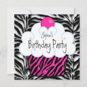 Invitation Hot rose Zebra Girls Cupcake fête d'anniversaire