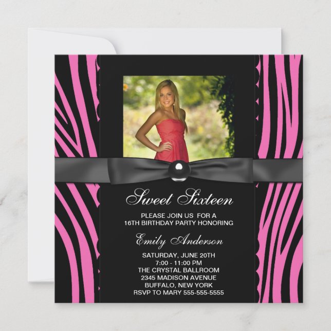 Invitation Hot rose Zebra Photo Sweet 16 Party (Devant)