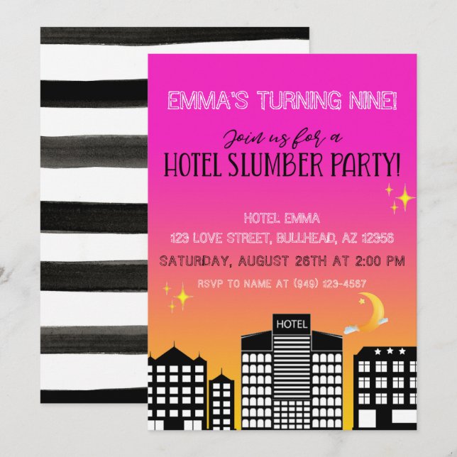 Invitation Hôtel silhouette fille pyjama party rose ombré (Devant / Derrière)