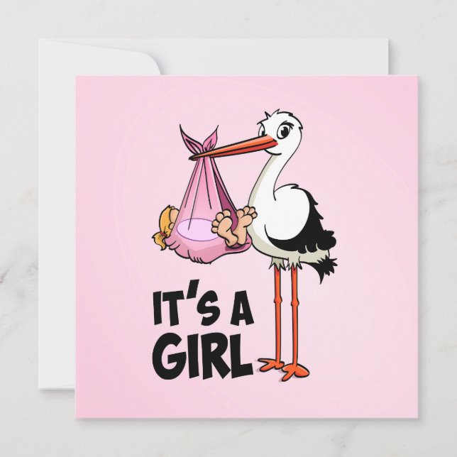 Invitation Hourra une fille - Cigogne avec bébé  (Devant)