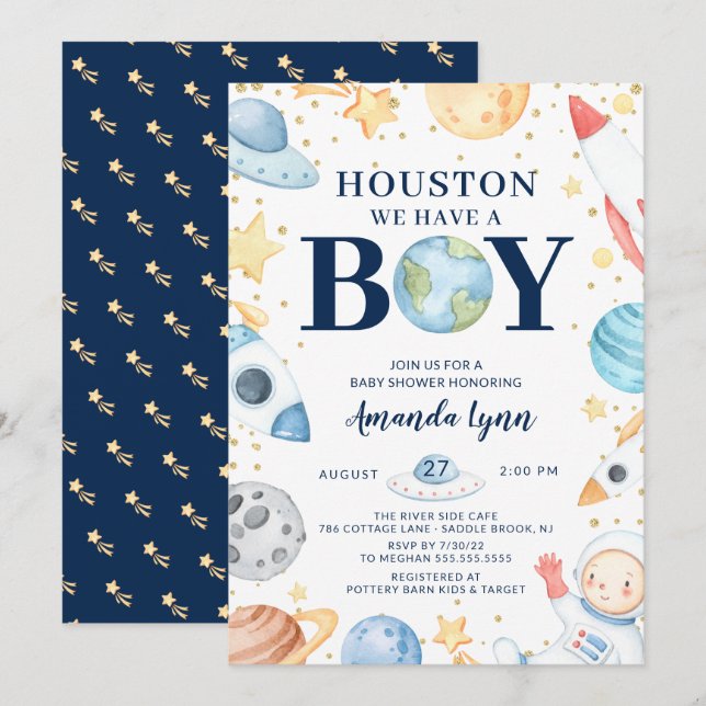 Invitation Houston Nous Avons Un Garçon Baby shower De L'Espa (Devant / Derrière)
