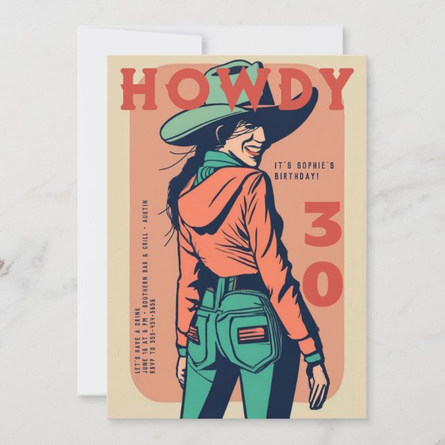 Invitation Howdy 30 Western Retro Poster rose 30e anniversair (Devant)
