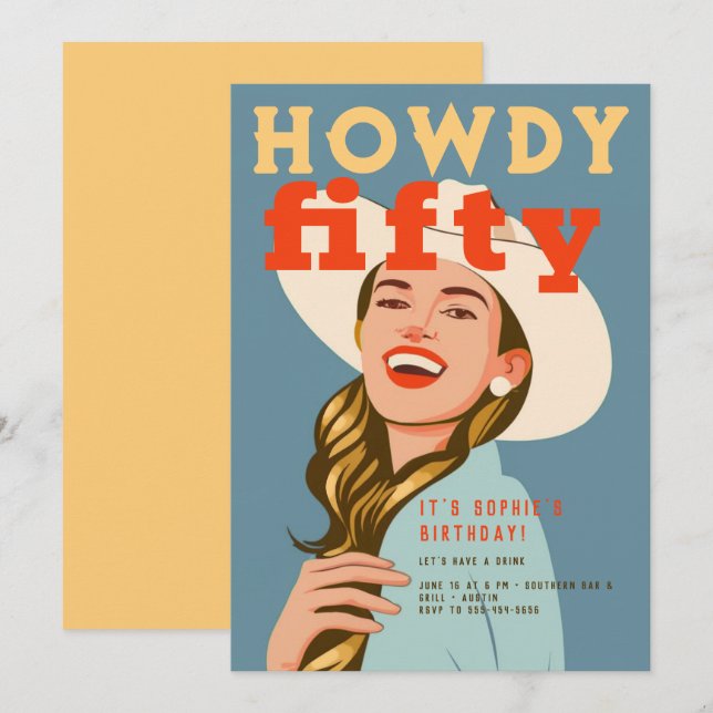Invitation Howdy Fifty Western Retro Chic Blue 50e anniversai (Devant / Derrière)