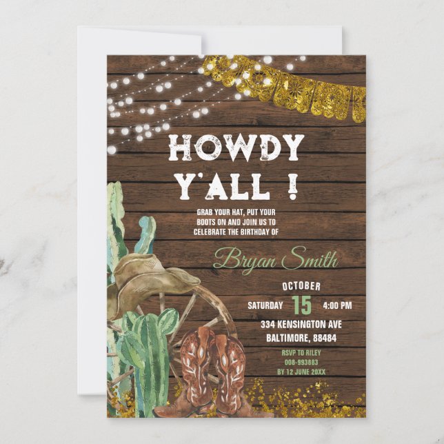 Invitation Howdy Y'All Southwestern Cactus Boots Anniversaire (Devant)