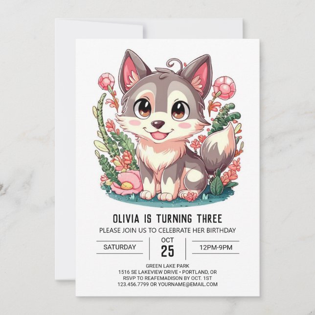 Invitation Howling Pastel Digital Wolf Anniversaire (Devant)