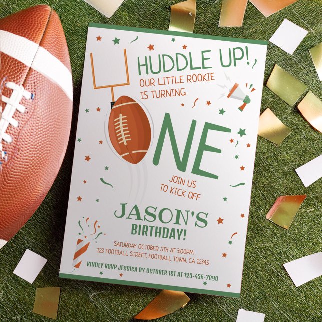 Invitation Huddle Up Green Rookie Football 1er anniversaire (Créateur téléchargé)